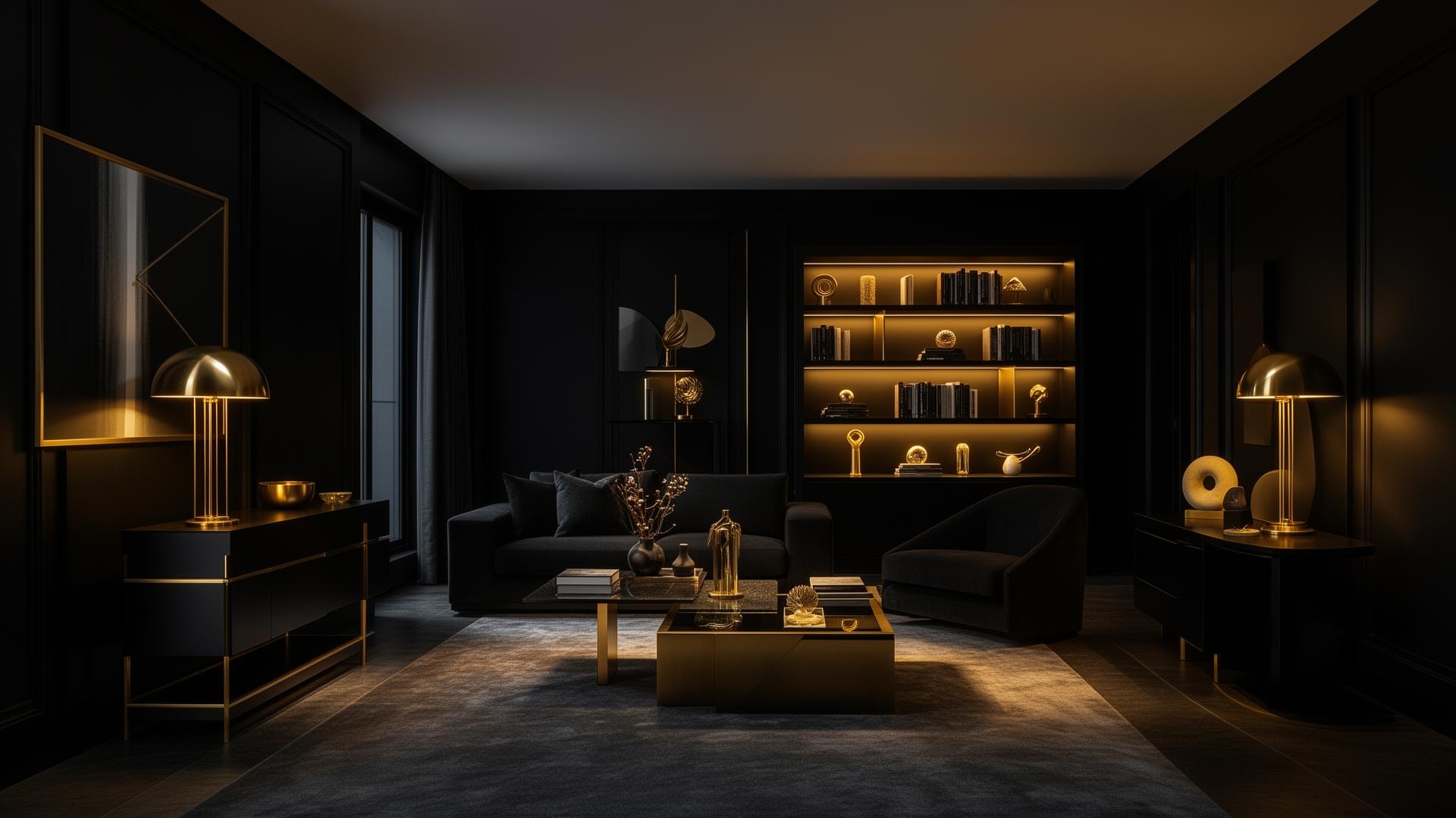 Sala de estar luxuosa em preto e dourado